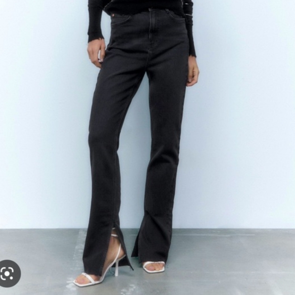 Zara Faded Black High-waisted Jean With Raw Frayed Hem with Slit